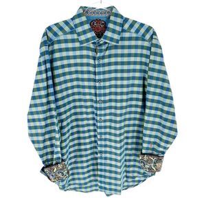 Robert Graham Shirt Men Large Blue Green Check Button Down Flip Cuff Embroidered